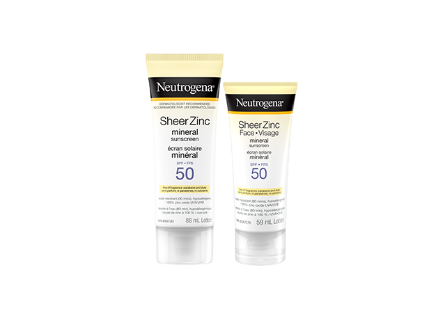 Vue de face des tubes de 88 ml et de 59 ml de l'écran solaire minéral Neutrogena® Sheer Zinc®, FPS 50.