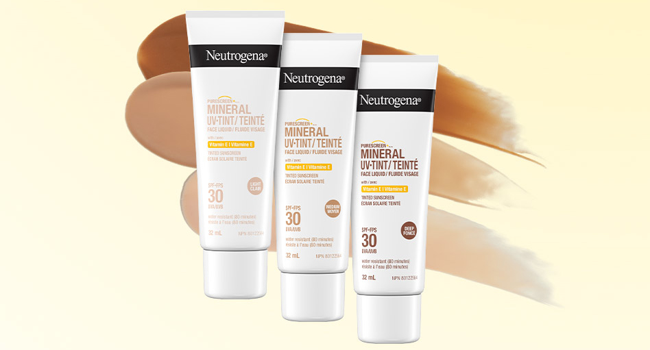 Bannière illustrant l’écran solaire minéral teinté pour le visage Neutrogena® PURESCREEN®, en trois teintes : clair, moyen et foncé. Tubes de 32 ml.