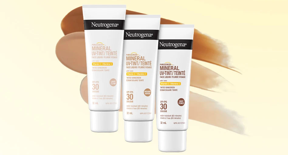Banner with three Neutrogena® PURESCREEN® Mineral Tinted Sunscreen SPF 30 Products in Light, Medium and Deep, 32mL each.