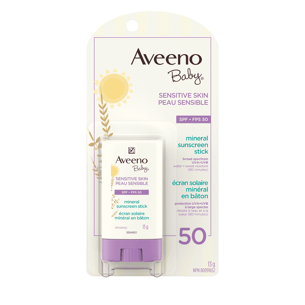 AVEENO® BABY® écran solaire minéral en bâton Visage FPS 50, Peau sensible, Bâton 13 g