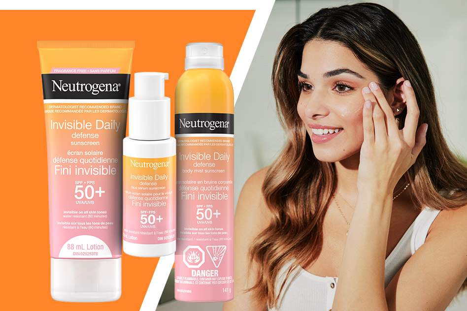 Banner including a young woman applying sunscreen to her face next to Neutrogena® Invisible Daily Defense Sunscreen SPF 50+, Body Mist Sunscreen SPF 50+ and Face Serum Sunscreen SPF 50+ products