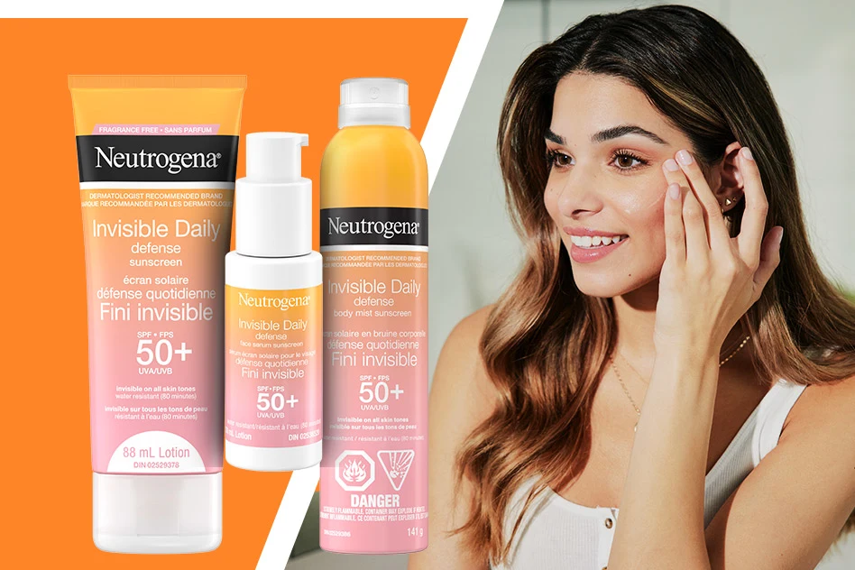 Banner including a young woman applying sunscreen to her face next to Neutrogena® Invisible Daily Defense Sunscreen SPF 50+, Body Mist Sunscreen SPF 50+ and Face Serum Sunscreen SPF 50+ products