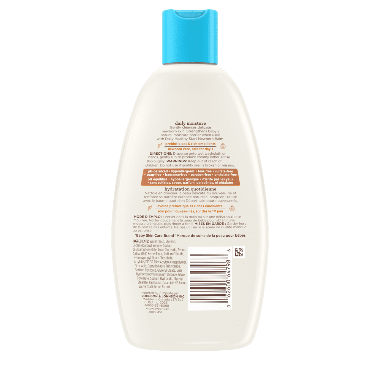 Arrière du flacon de 236 ml du nettoyant quotidien Départ sain pour nouveau-nés AVEENO® Bébés