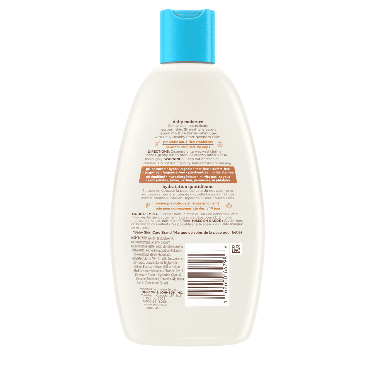 Arrière du flacon de 236 ml du nettoyant quotidien Départ sain pour nouveau-nés AVEENO® Bébés