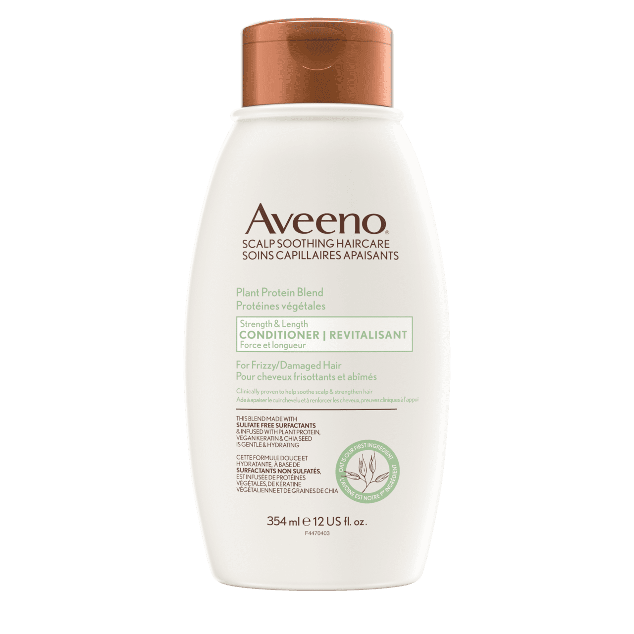 Photo avant d’un flacon compressible de Revitalisant AVEENO® Protéines végétales Force et longueur, 354 ml