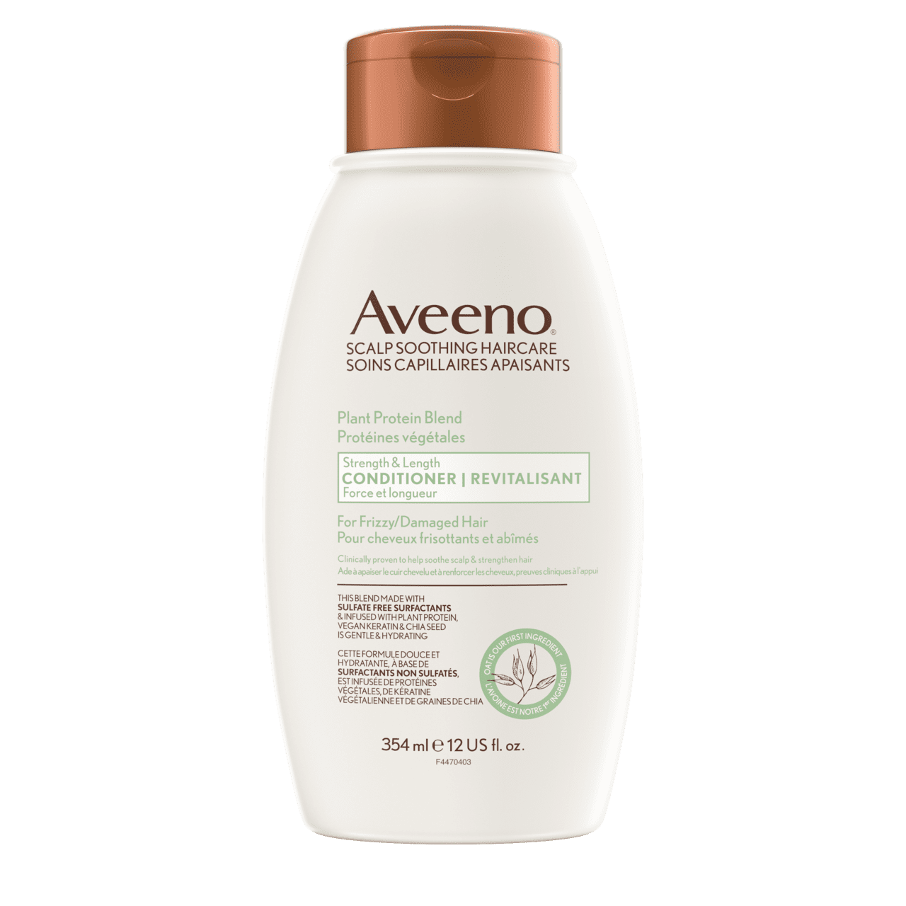 Photo avant d’un flacon compressible de Revitalisant AVEENO® Protéines végétales Force et longueur, 354 ml