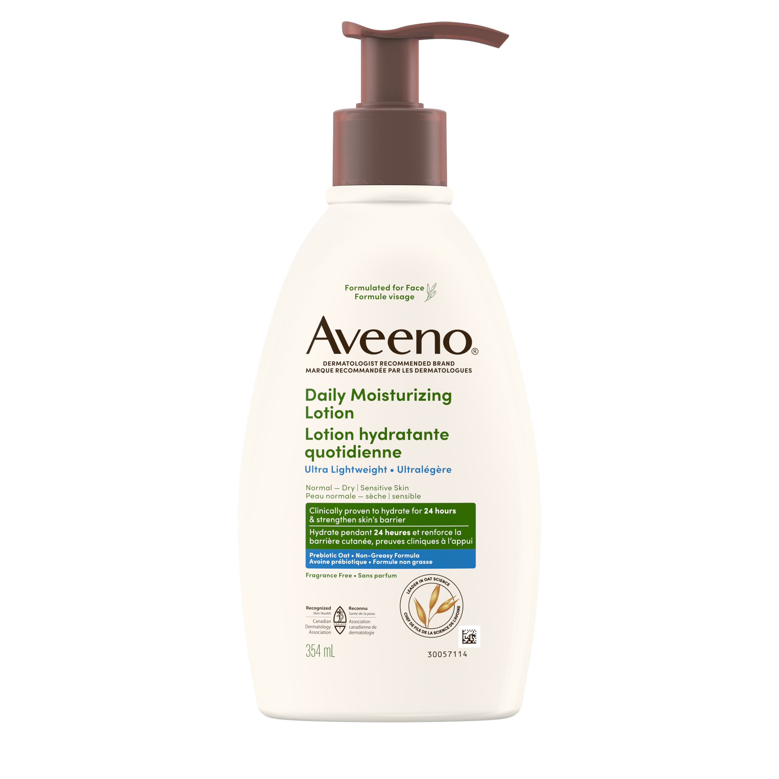 Photo de face d’une bouteille-pompe de 354 mL de la lotion hydratante quotidienne pour le visage Aveeno® ultralégère