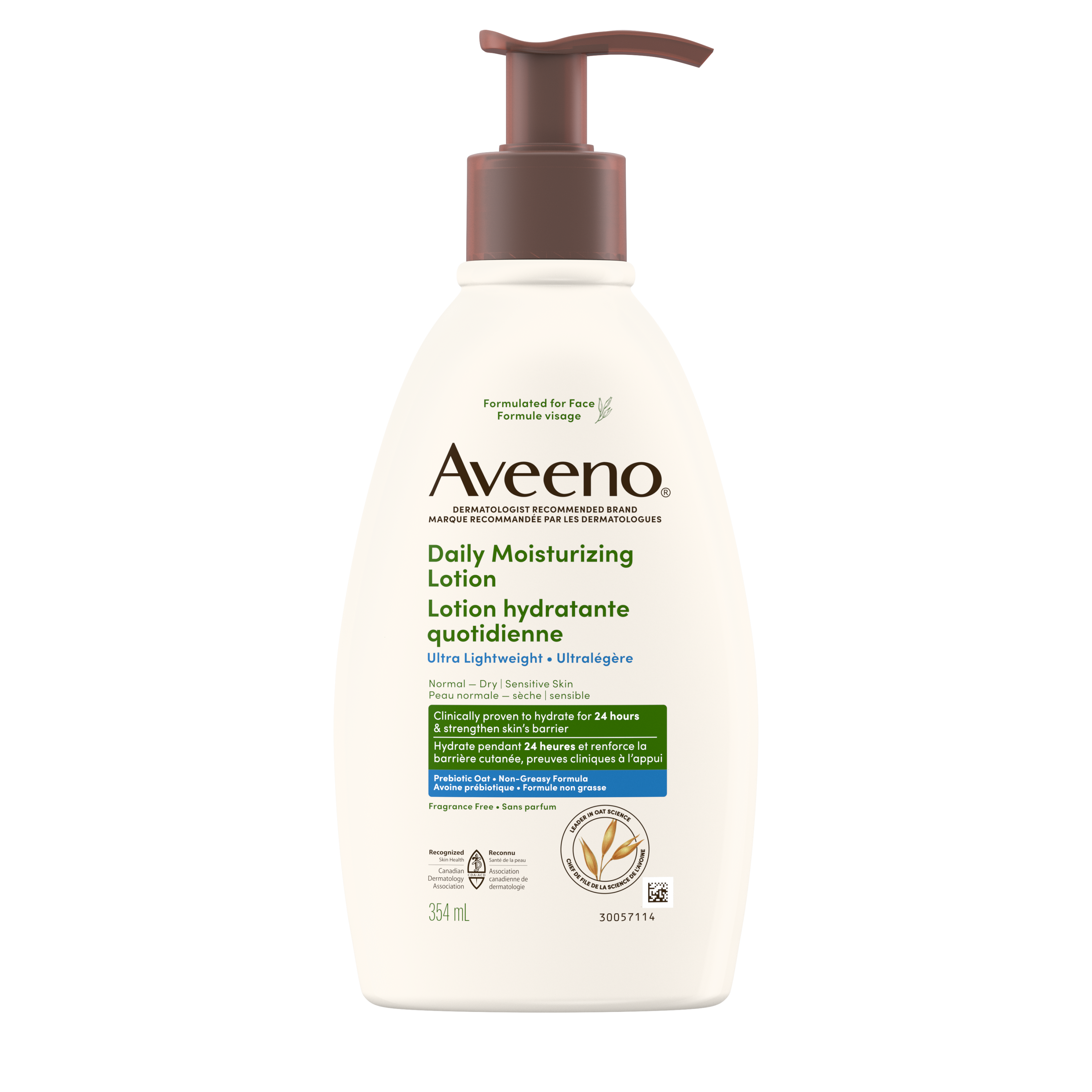 Photo de face d’une bouteille-pompe de 354 mL de la lotion hydratante quotidienne pour le visage Aveeno® ultralégère