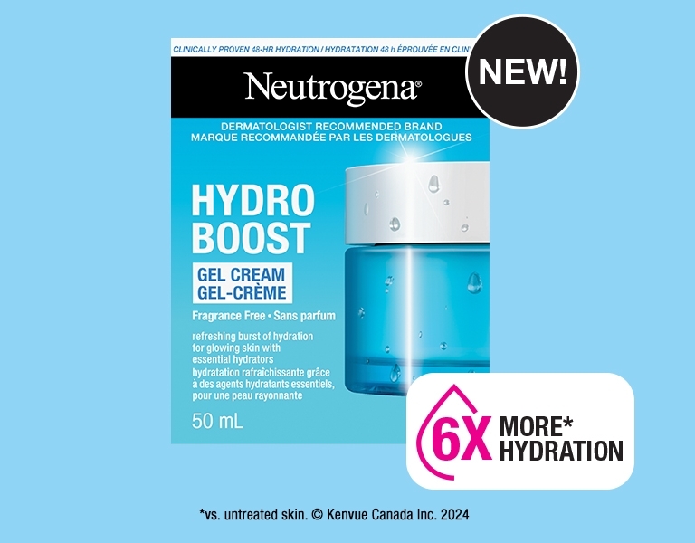 Front shot of Neutrogena® Hydro Boost Fragrance-Free Gel Cream for Normal to Dry Skin product packaging indicating a new formula 