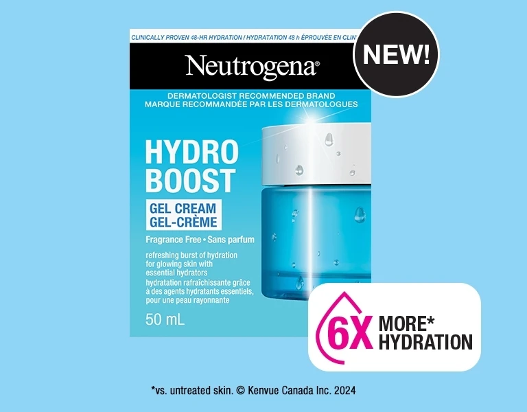 Front shot of Neutrogena® Hydro Boost Fragrance-Free Gel Cream for Normal to Dry Skin product packaging indicating a new formula 