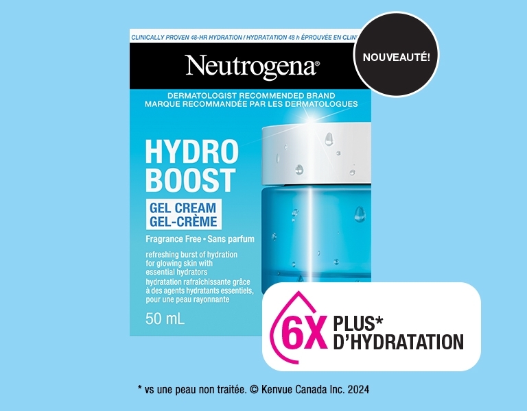 Photo de face du gel-crème Neutrogena® Hydro Boost sans parfum pour peau normale à sèche indiquant une nouvelle formule