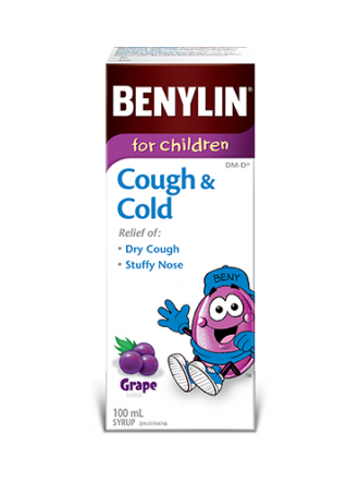 Benylin for Children Cough & Cold syrup, grape flavour, 100mL. For relief of: dry cough and stuffy nose.