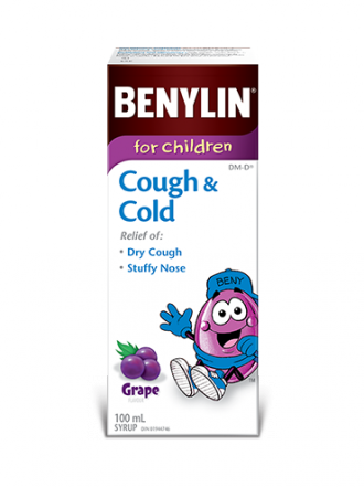 Benylin for Children Cough & Cold syrup, grape flavour, 100mL. For relief of: dry cough and stuffy nose.