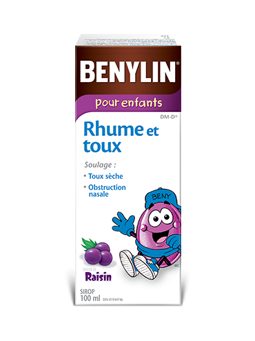 Sirop BENYLIN® pour enfants Rhume et toux, saveur de raisin, 100 ml. Soulage : Toux sèche et obstruction nasale.