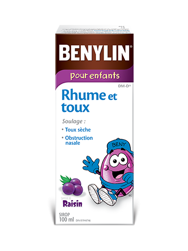 Sirop BENYLIN® pour enfants Rhume et toux, saveur de raisin, 100 ml. Soulage : Toux sèche et obstruction nasale.