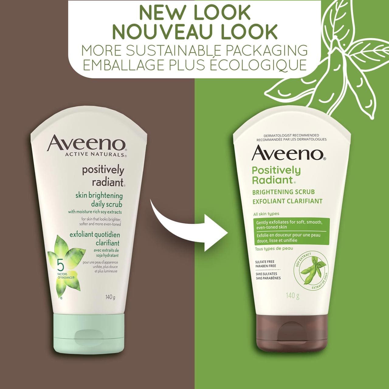 Un ancien et un nouveau tube à presser de 140 g de l’exfoliant quotidien clarifiant Aveeno Positively Radiant, avec la mention : « Nouveau look, flacon plus écologique »