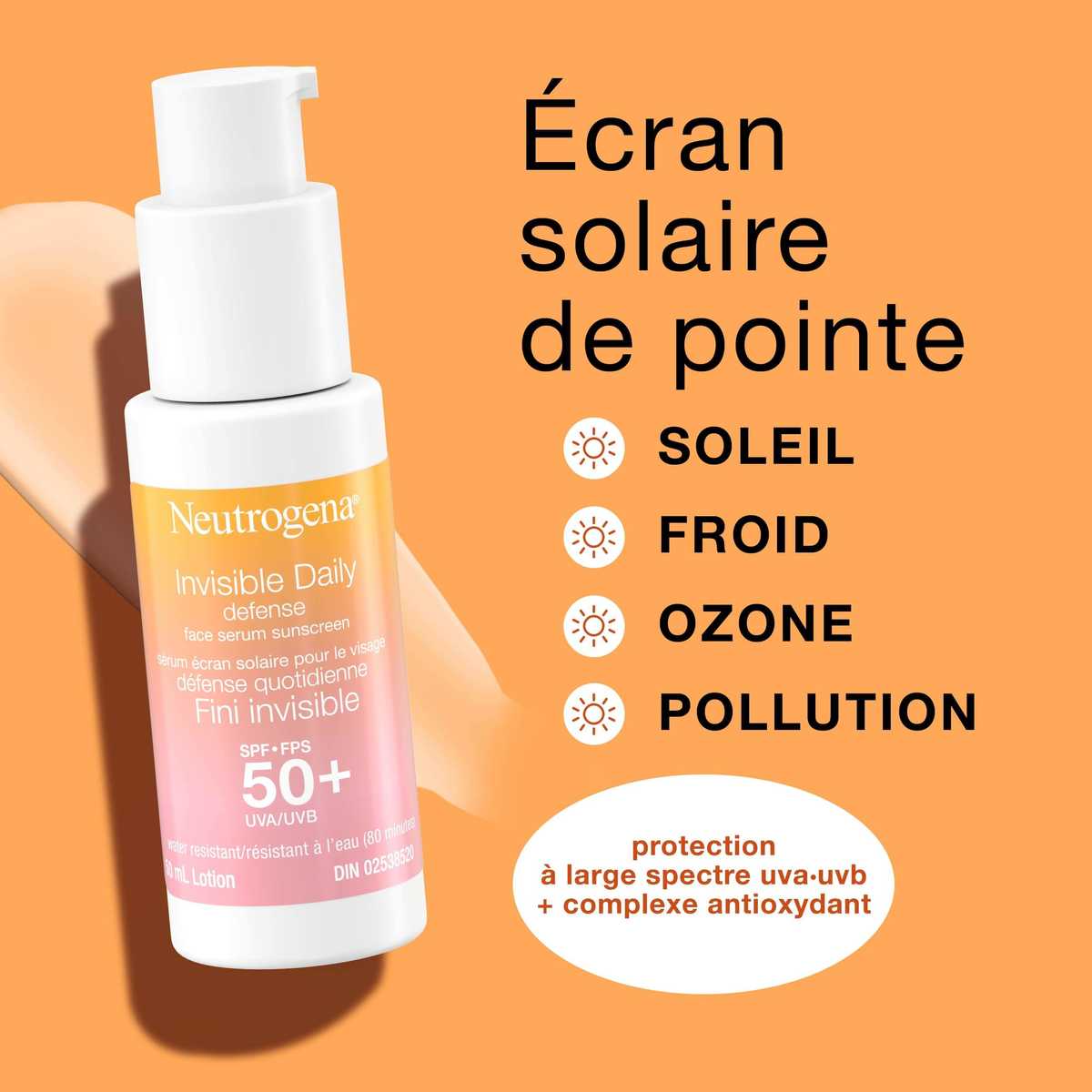 Vue de face du flacon-pompe du Sérum écran solaire pour le visage Neutrogena® Défense quotidienne Fini invisible, FPS 50+.