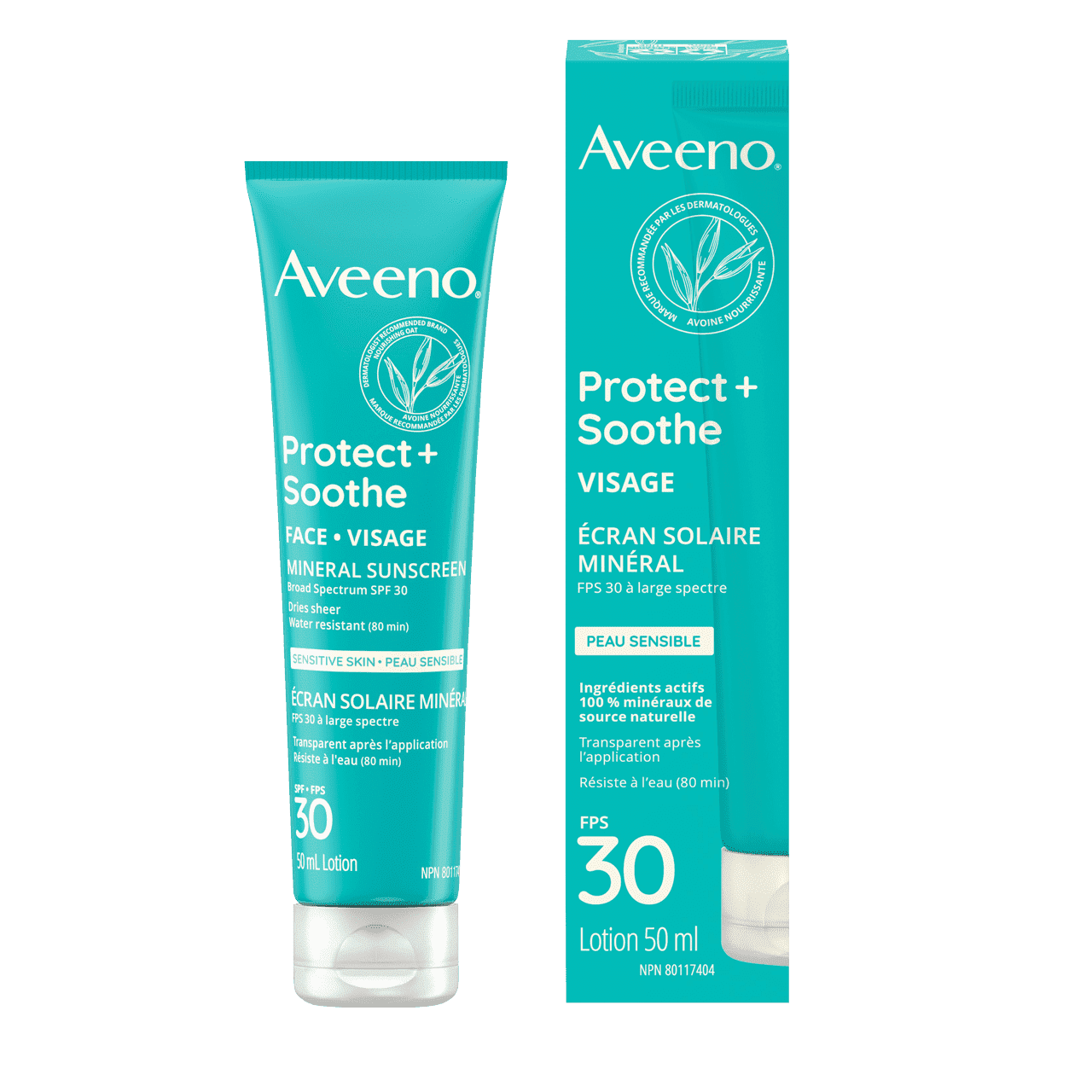 Tube à presser de 50 ml de l’écran solaire minéral AVEENO® Protect + Soothe Visage pour peau sensible, avec FPS 30