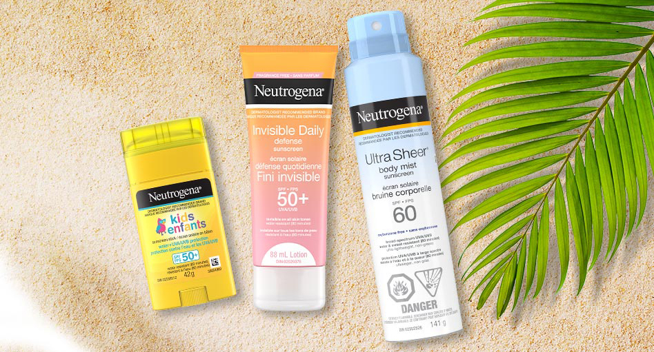 Bannière illustrant l’écran solaire Neutrogena® Défense quotidienne Fini invisible, FPS 50+; l’écran solaire en bruine corporelle Neutrogena® Ultra Sheer®, FPS 60; et l’écran solaire en bâton pour enfants Neutrogena®, FPS 50+.