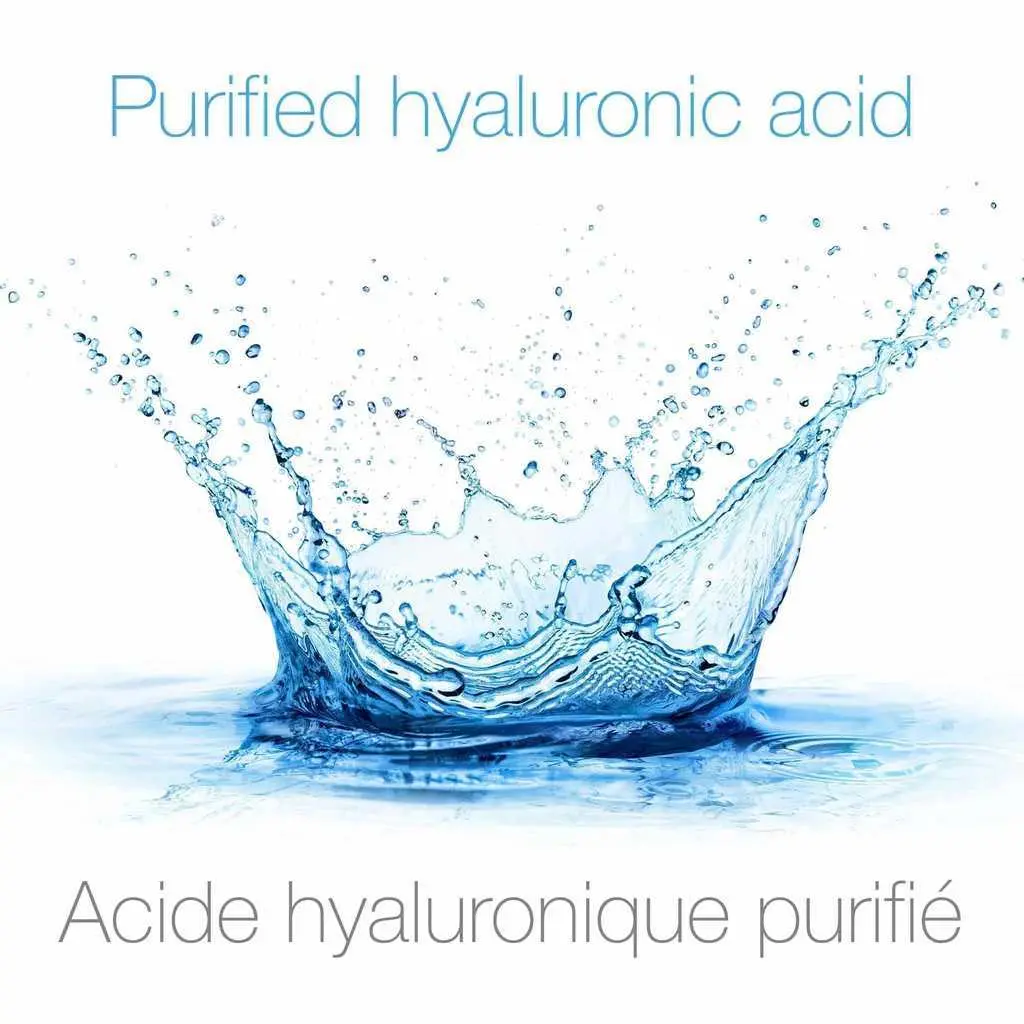 Water splashing with the text 'purified hyaluronic acid'