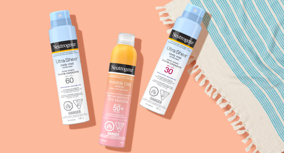 Banner including Neutrogena® Invisible Daily Defense Body Mist Sunscreen SPF 50+, ULTRA SHEER® SPF 30 and 60 Body Mist Sunscreens