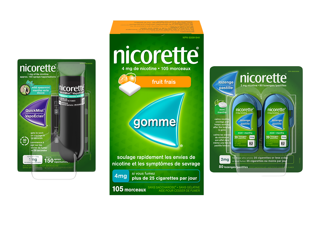 Vaporisateur à la nicotine NICORETTE® VapoÉclair®, Gomme pour cesser de fumer NICORETTE®, et Pastille NICORETTE® pour cesser de fumer