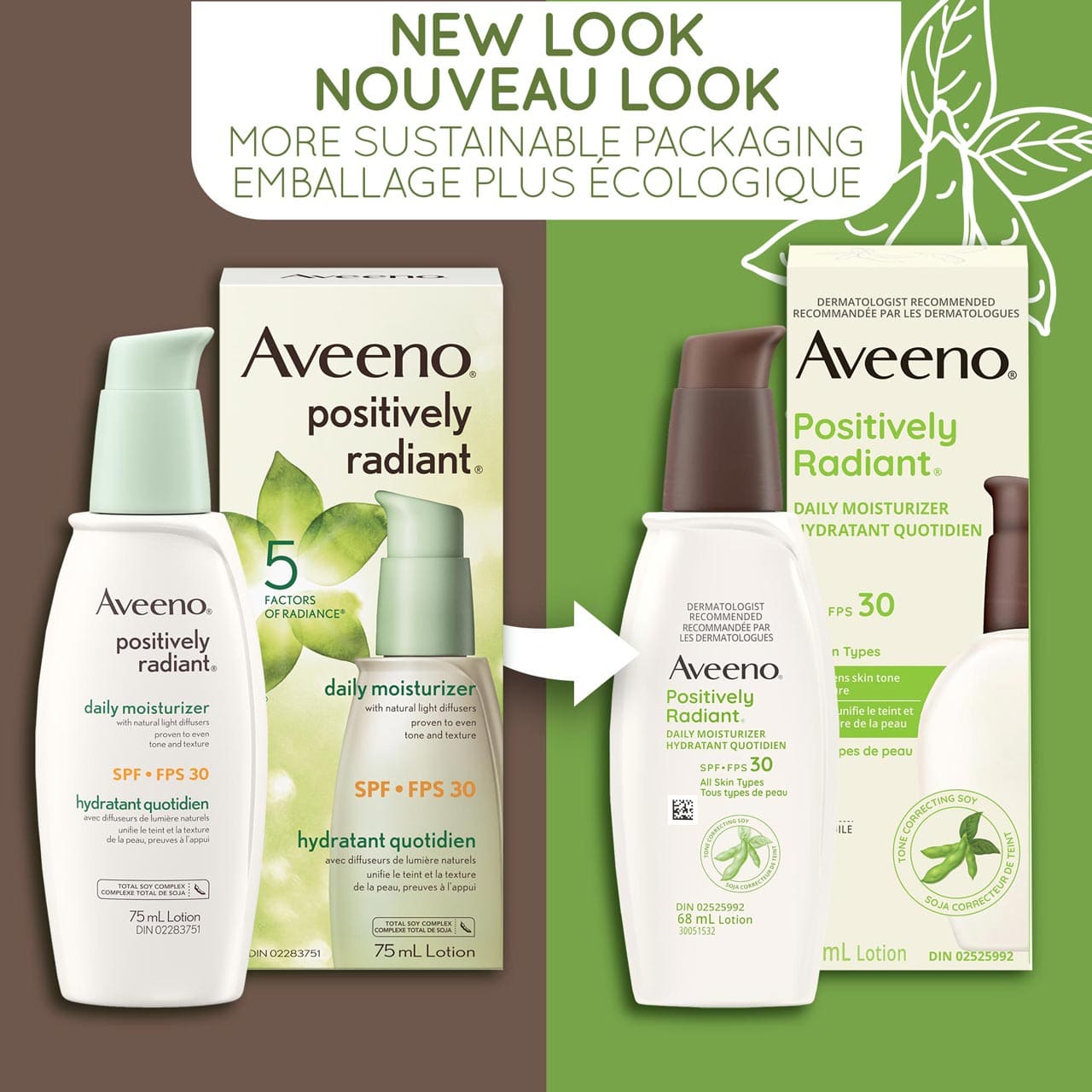 An old and a new packaging of Aveeno Positively Radiant Daily Moisturizer SPF 30 pump bottle, 68mL and a text stating 'New Look, More Sustainable Packaging