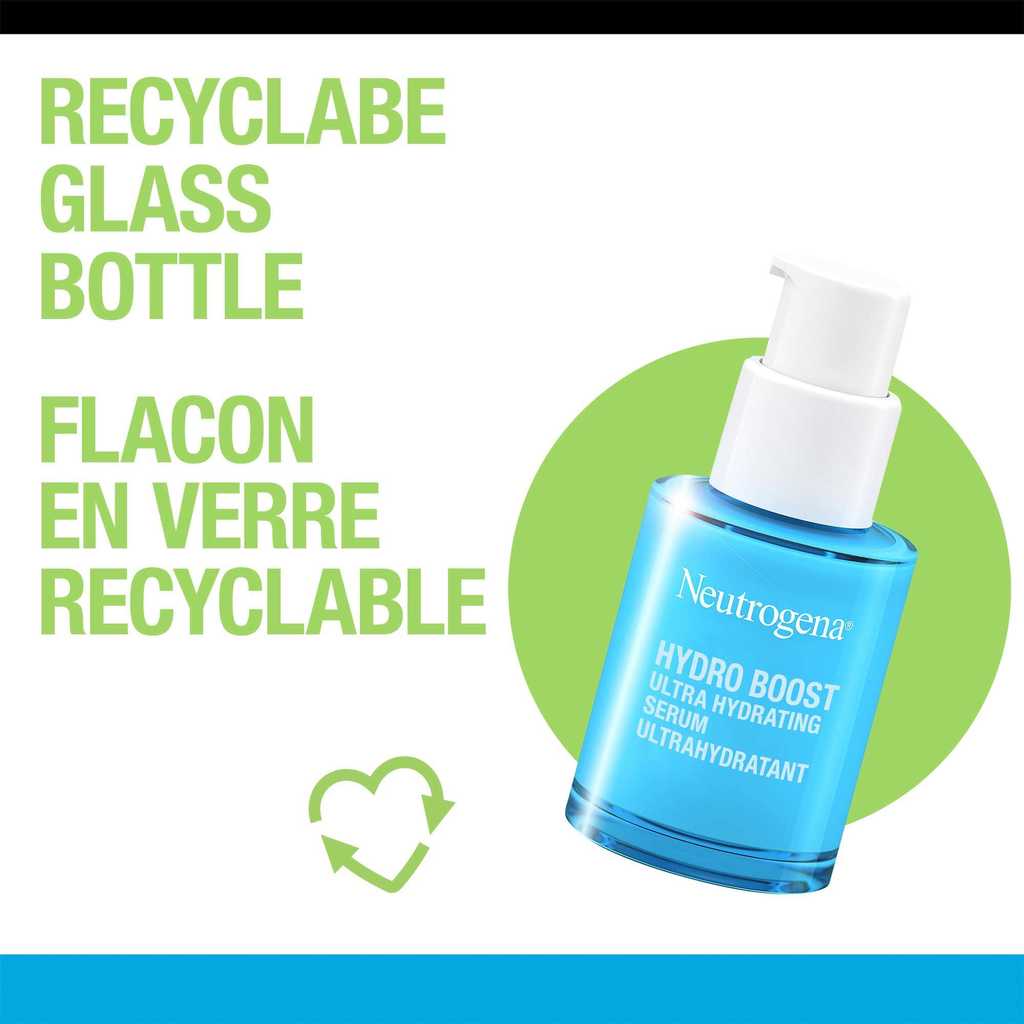  Flacon-pompe du sérum ultrahydratant NEUTROGENA® Hydro Boost, avec la mention « Flacon en verre recyclable ».