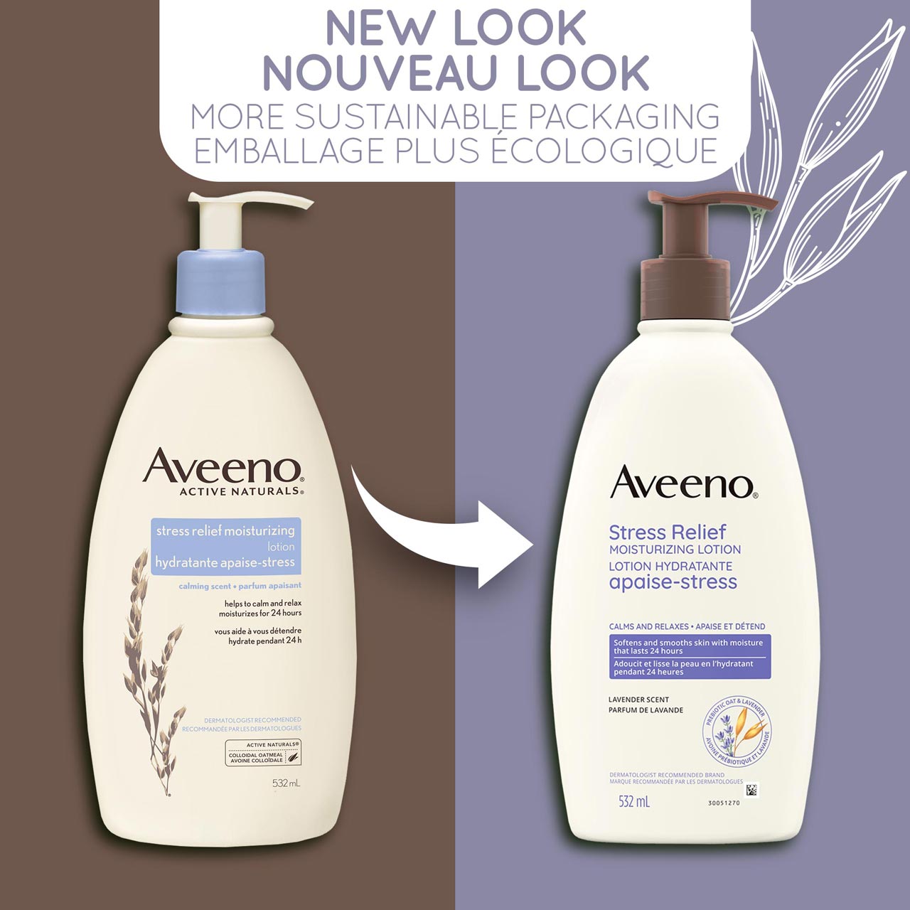 Un ancien et un nouveau flacon-pompe de 532 ml de la lotion hydratante Aveeno Apaise-stress avec la mention « Nouveau look, flacon plus écologique »