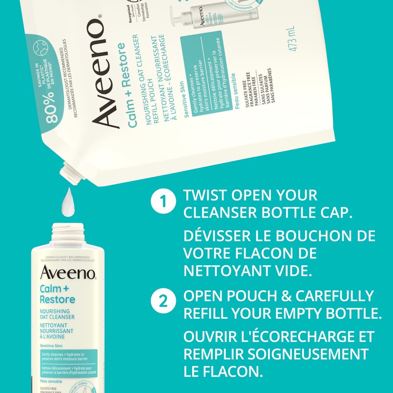 Écorecharge du nettoyant nourrissant AVEENO® Calm + Restore avec la mention : « 1- Dévisser le bouchon de votre flacon de nettoyant vide. 2- Ouvrir l'écorecharge et remplir soigneusement le flacon ».  