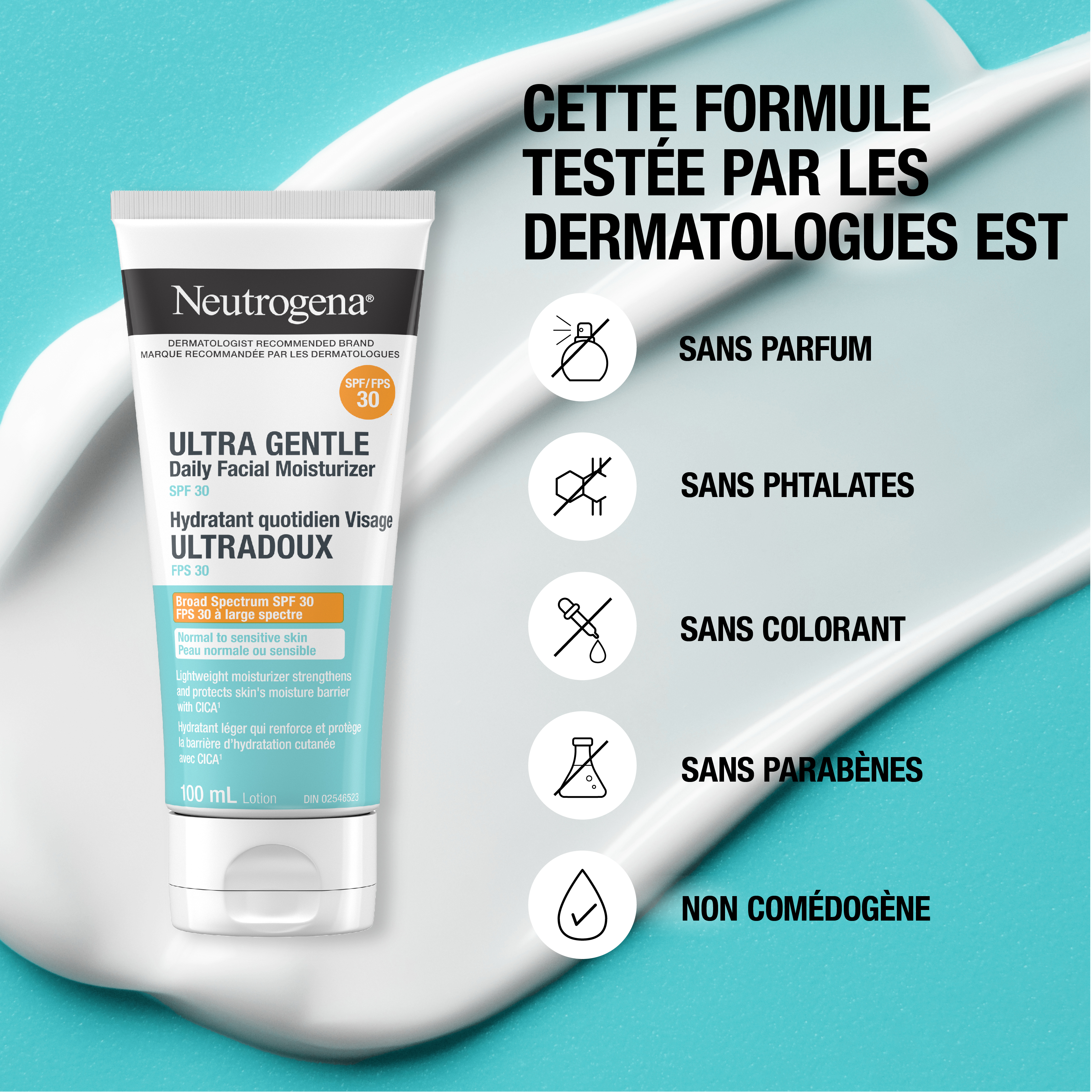 Photo de face de l’hydratant quotidien pour le visage ultradoux avec FPS 30 Neutrogena®, tube compressible de 100 mL, avec une trace du produit en arrière-plan