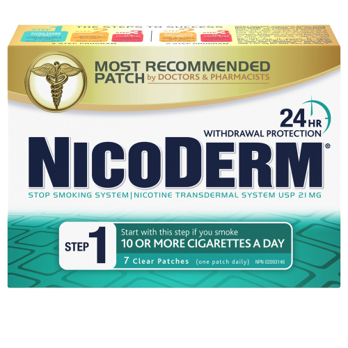 A packet of NICODERM® Step 1 - 21mg transdermal nicotine patch, 14 clear patches
