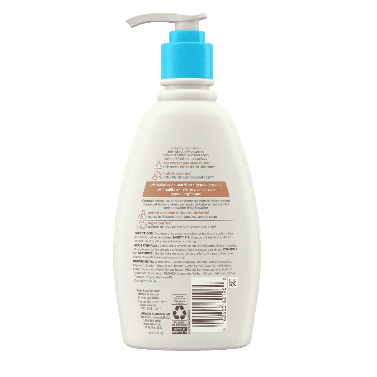 The back shot of AVEENO® Baby Daily Wash & Shampoo with Coconut Scent & Shea Butter, pump bottle, 354 mL