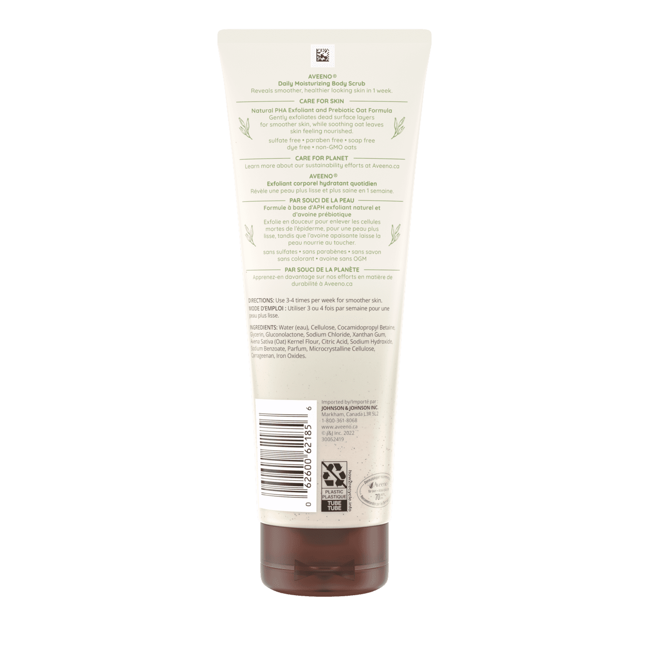 Arrière du tube de 227 g de l’exfoliant corporel hydratant Aveeno®