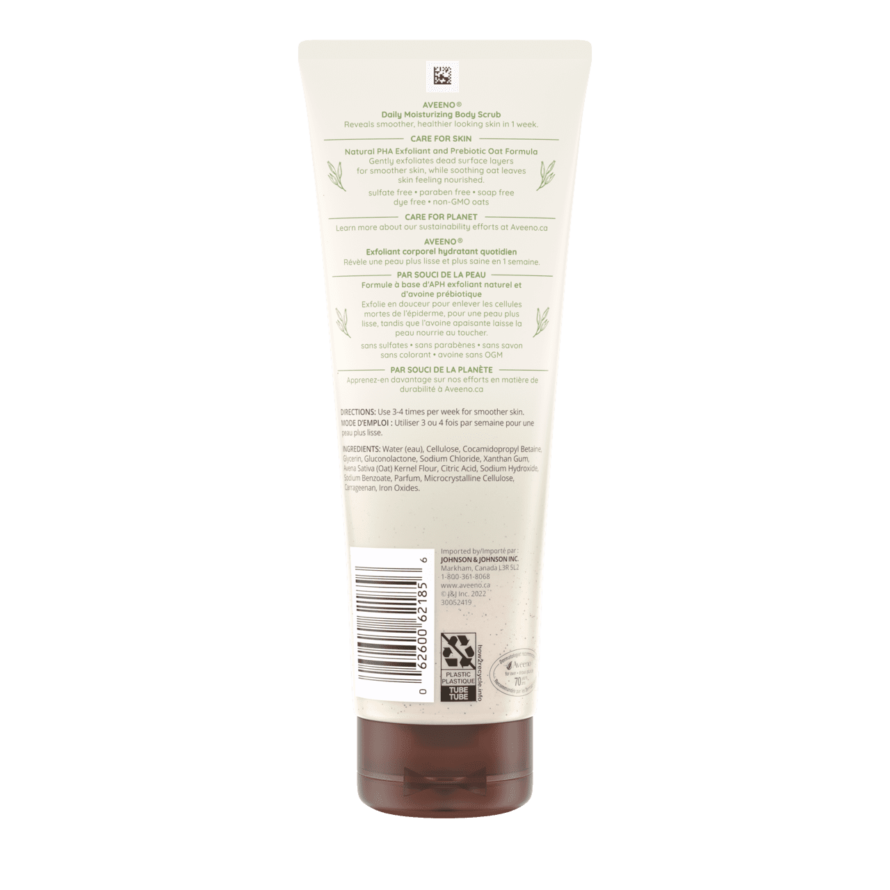 Arrière du tube de 227 g de l’exfoliant corporel hydratant Aveeno®