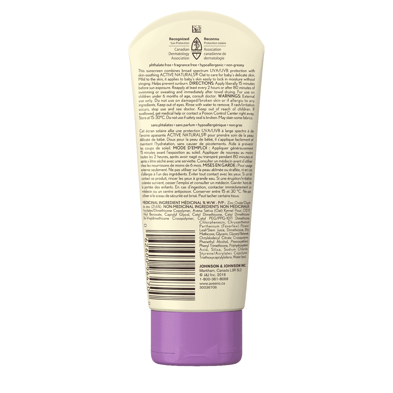 Back shot of AVEENO® BABY Mineral Sunscreen SPF 50, Sensitive Skin, 88ml lotion