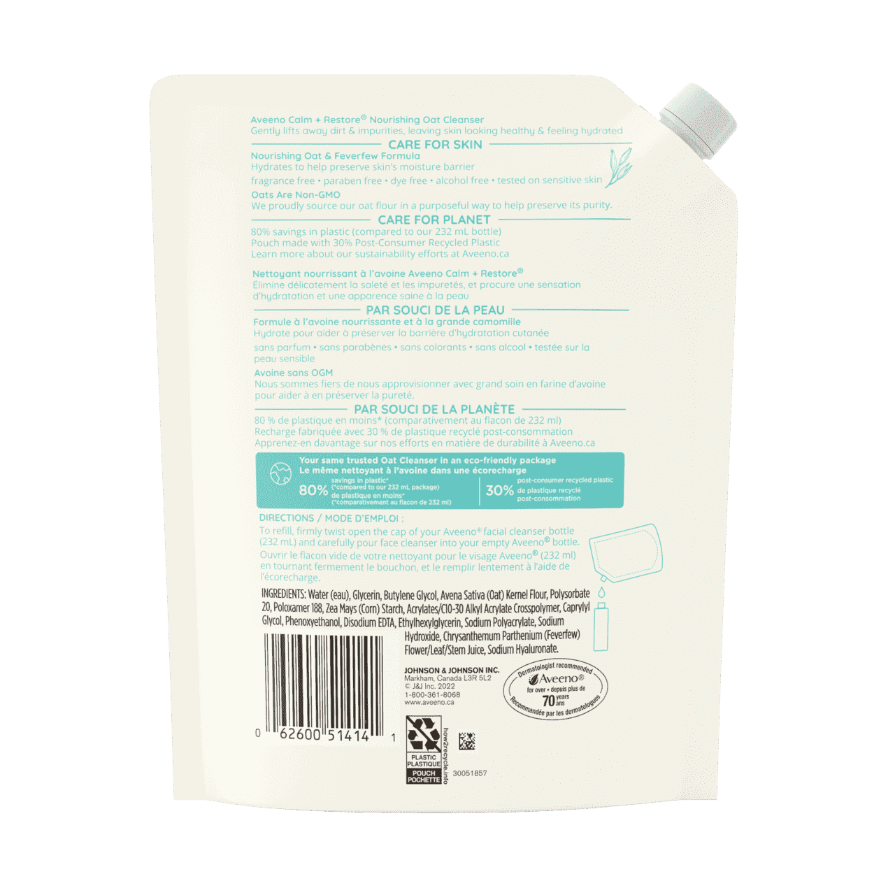 Arrière de l’emballage de 473 ml de nettoyant nourrissant à l’avoine Aveeno® Calm + Restore