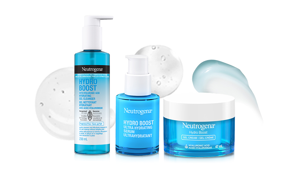 Banner displaying Neutrogena® Hydro Boost Gel Cleanser, Ultra Hydrating Serum and Gel Cream products