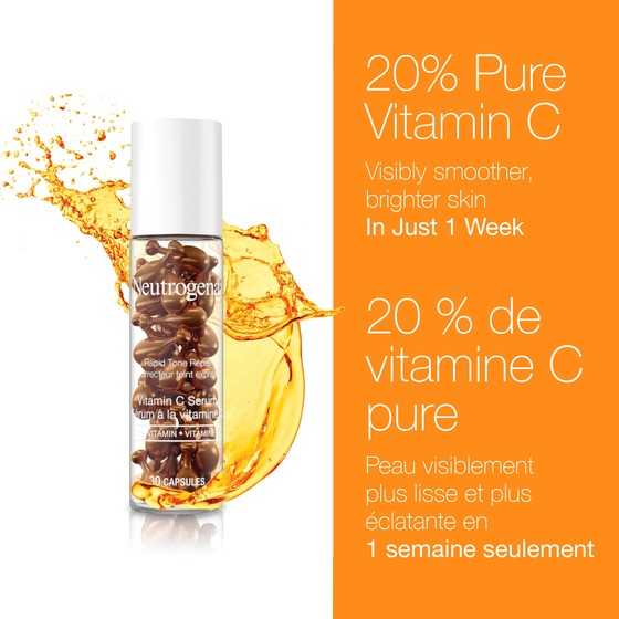 Flacon de 30 unités de sérum NEUTROGENA® Correcteur teint express 20 % de vitamine C en capsules, avec le texte « 20 % de vitamine C pure - Peau visiblement plus lisse et plus éclatante en 1 semaine seulement »