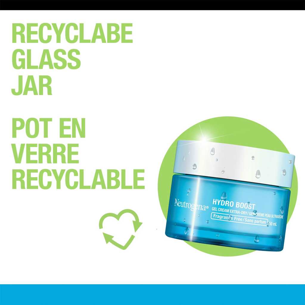 Image du pot de gel-crème NEUTROGENA® Hydro Boost avec la mention « pot en verre recyclable ».