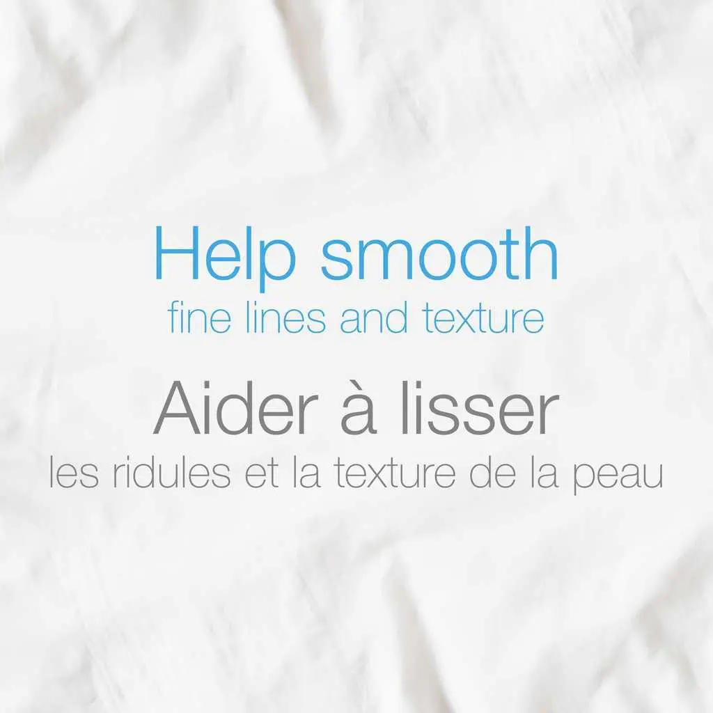 Texte disant «Aider à lisser les ridules et la texture de la peau»