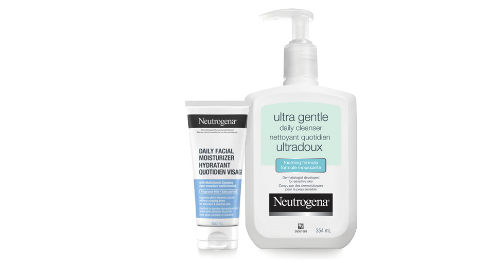 Une bannière incluant l’hydratant quotidien pour le visage NEUTROGENA® et les soins nettoyants quotidiens ultradoux