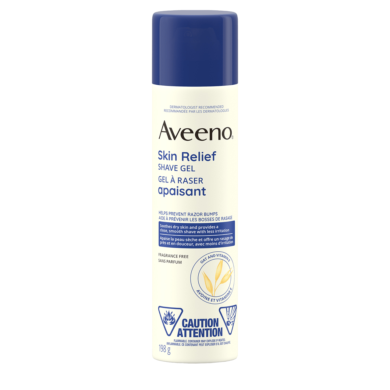 Un ancien et un nouveau flacon facile à presser de 198 g du gel à raser apaisant Aveeno avec la mention « Nouveau look »