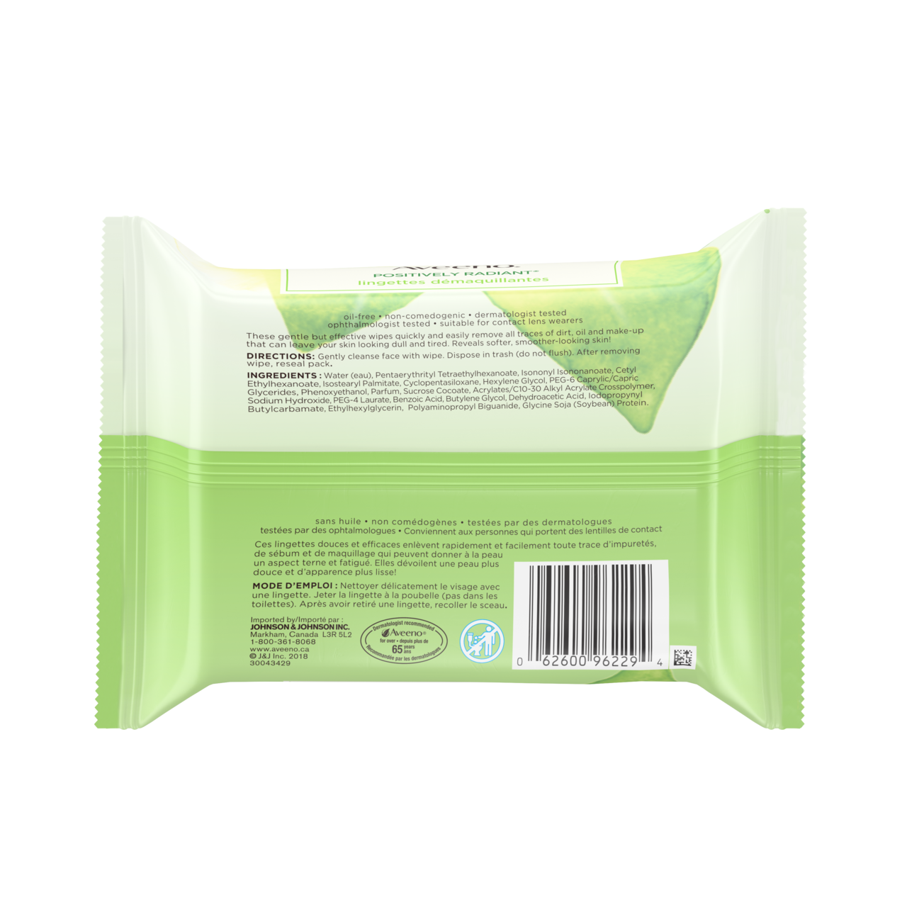 Étiquette arrière de l'emballage de lingettes démaquillantes AVEENO® POSITIVELY RADIANT®