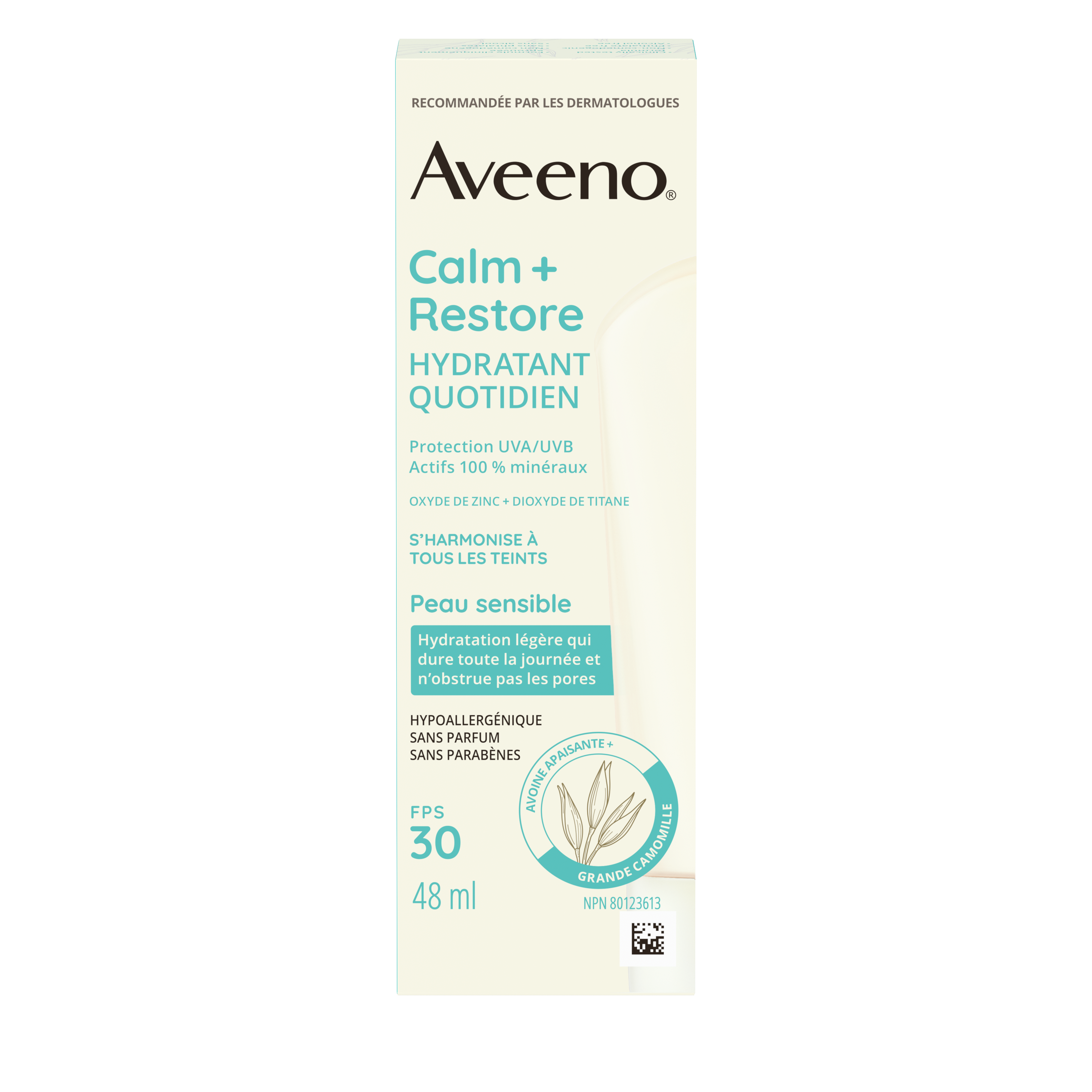 Panneau avant de l’hydratant quotidien avec écran solaire minéral FPS 30 Aveeno® Calm + Restore