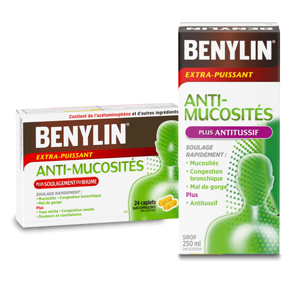 Sirop BENYLIN® ANTI-MUCOSITÉS PLUS ANTITUSSIF et sirop BENYLIN® Extra-puissant Anti-mucosités Plus soulagement du rhume