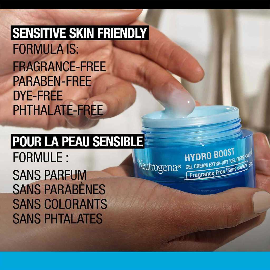 Image montrant une main qui tient le pot de gel-crème peau ultrasèche NEUTROGENA® Hydro Boost et une autre main avec le produit sur le bout du doigt.