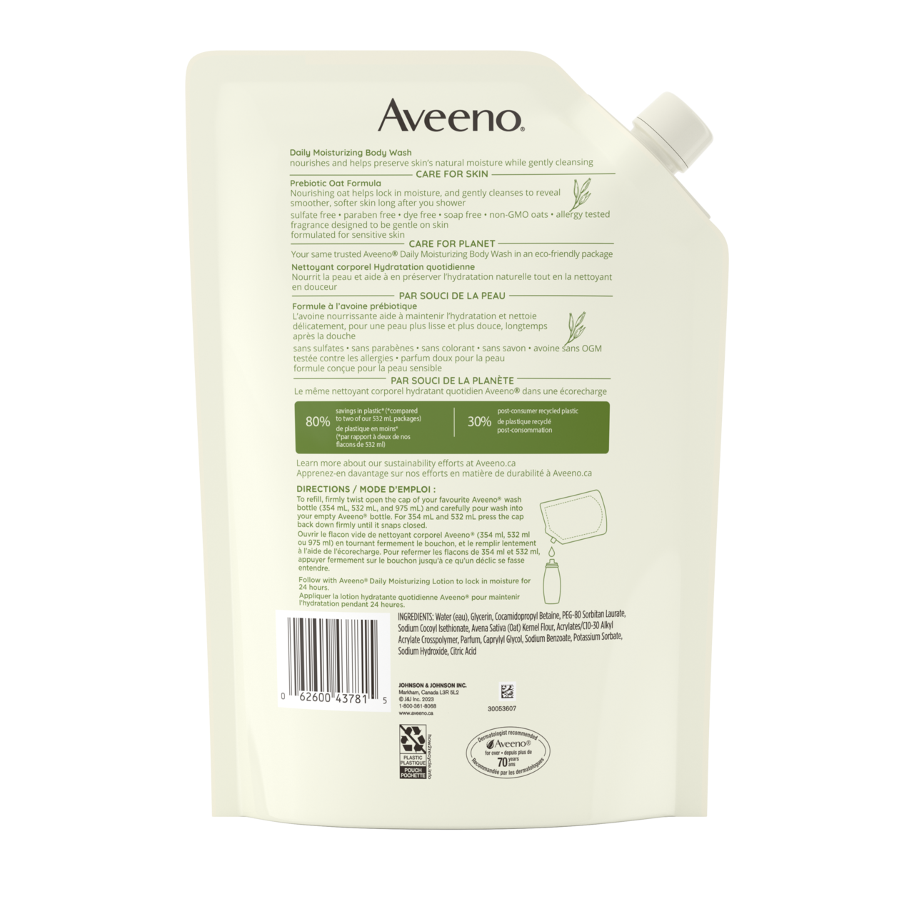 Panneau arrière de l'écorecharge du nettoyant corporel AVEENO® Hydratation quotidienne