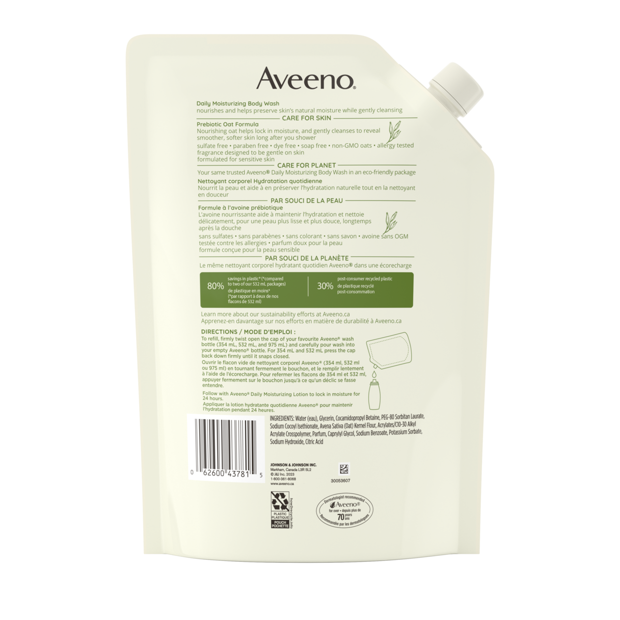 Panneau arrière de l'écorecharge du nettoyant corporel AVEENO® Hydratation quotidienne