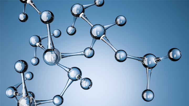 Bannière affichant une illustration 3D des molécules de glucose en bleu